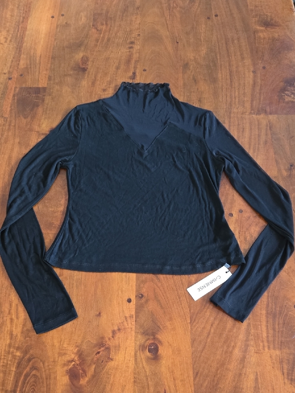 NWT Commense Black Long-Sleeve Mesh Mock Neck Top Size Large